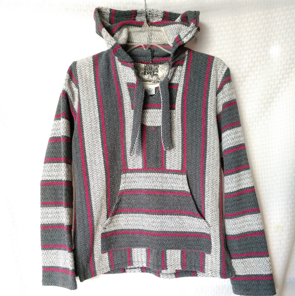 Senor Lopez Baja Hoodie Jacket Woven Gray Pink Surfer Skater Hippie Mexico MED